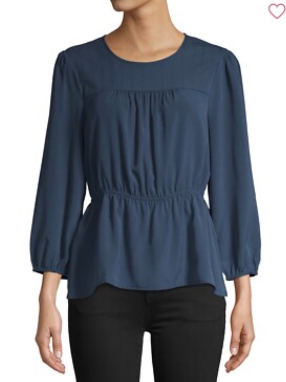 BCBG Navy Blue Long-Sleeve Shirred-Waist Peplum Top